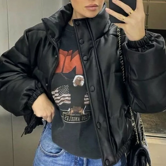 Final sale! Faux Vegan Leather Puffer Jacket - Picture 2 of 11